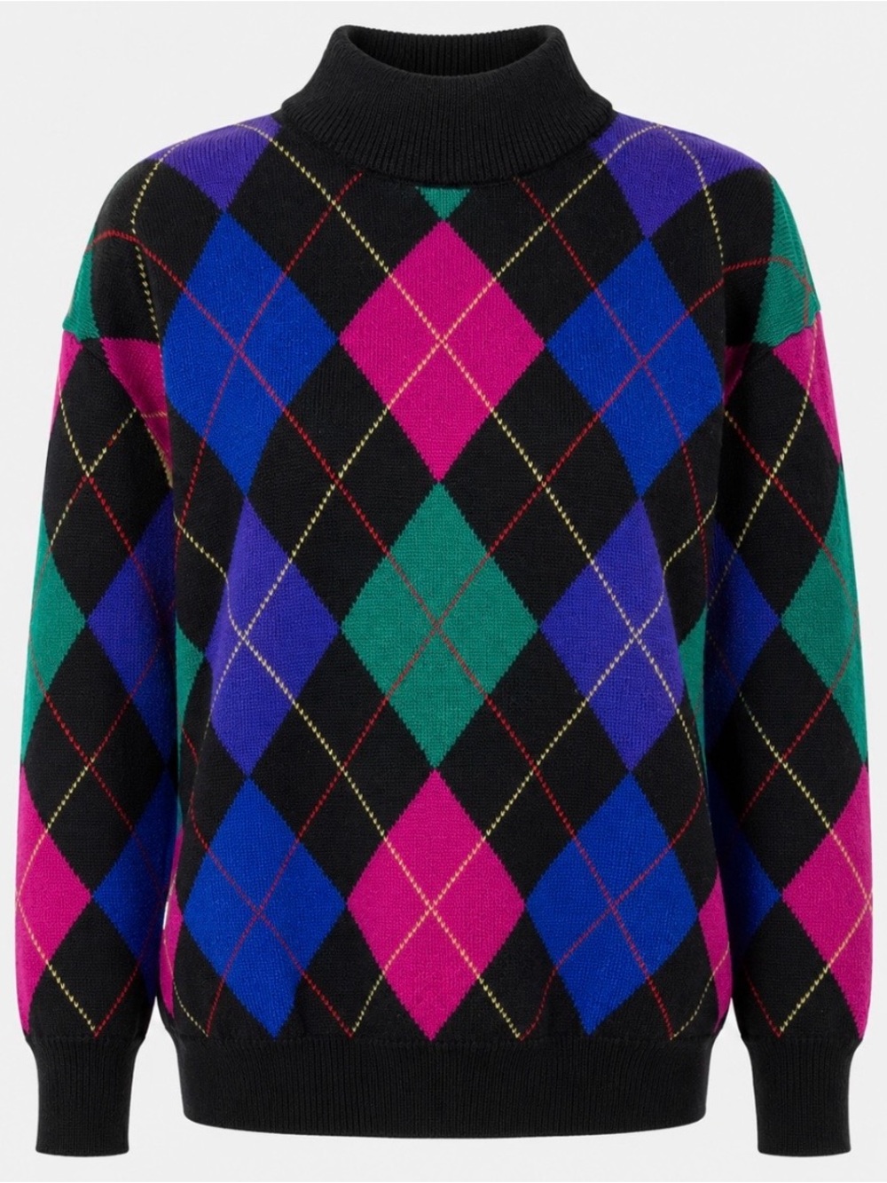 VTG 80's 100% Wool Argyle Turtleneck Sweater L Jewel Tone Dark Academia Preppy